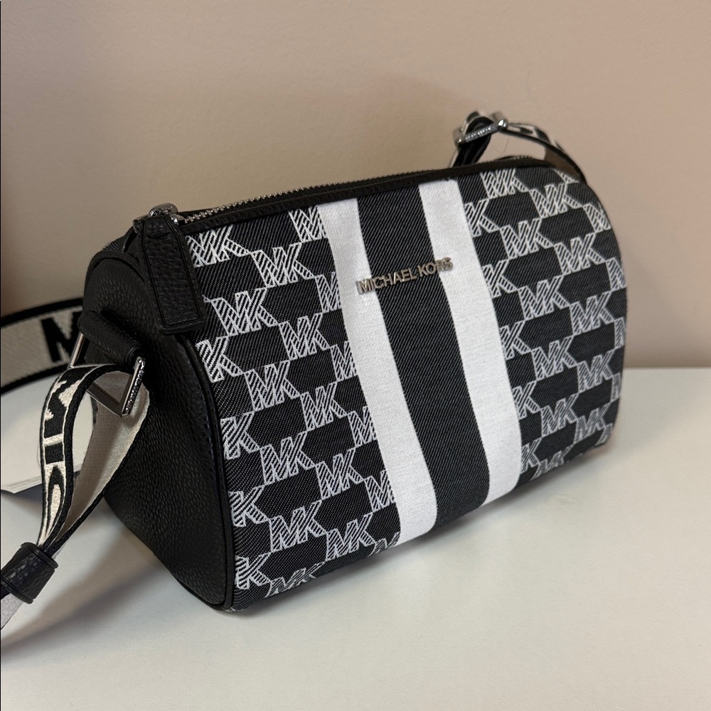 Michael Kors Black and White Logo Stripe Crossbody
